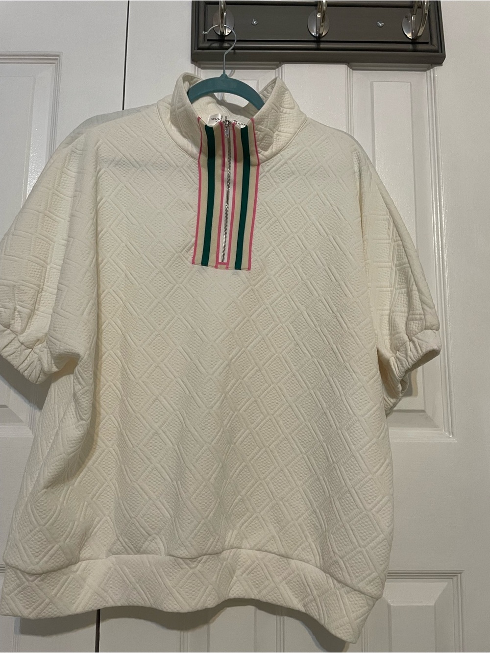 White Knit Half-Zip Pullover Top with Pink & Green Trim - Picture 4 of 9